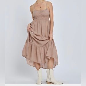 Host Pick Dress Sundress Solid Double Waisted Gathered Bust Pockets Lined Taupe